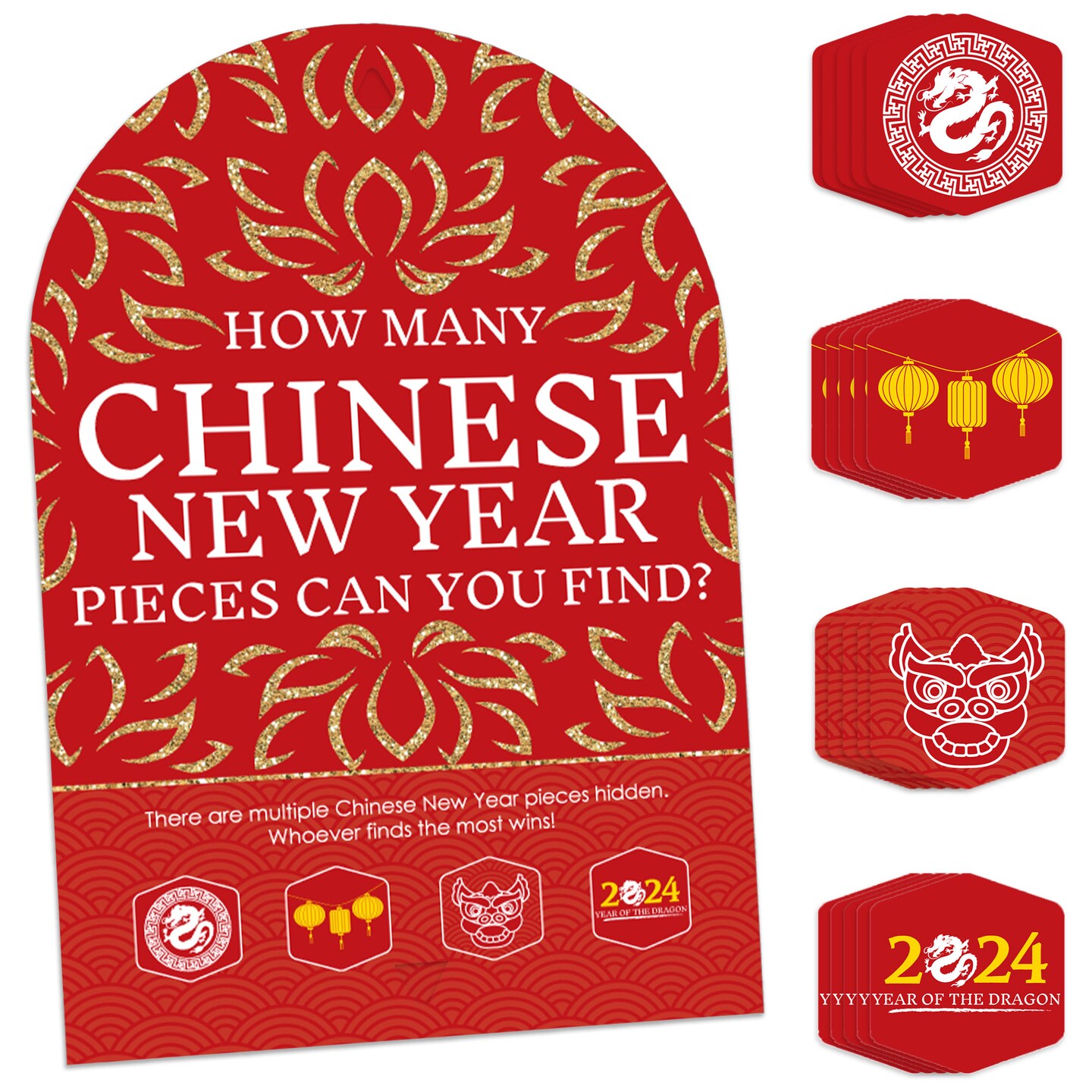 Big Dot of Happiness 2024 Year of the Dragon - Lunar New Year Scavenger Hunt - 1 Stand and 48 Game Pieces - Hide and Find Game