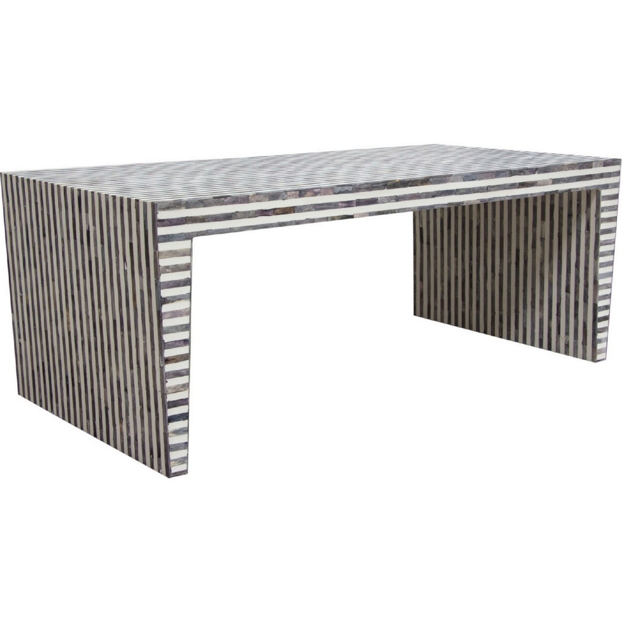 Saltoro Sherpi Hoso 48 Inch Rectangular Coffee Table, Stripe Bone Inlay, White and Black -
