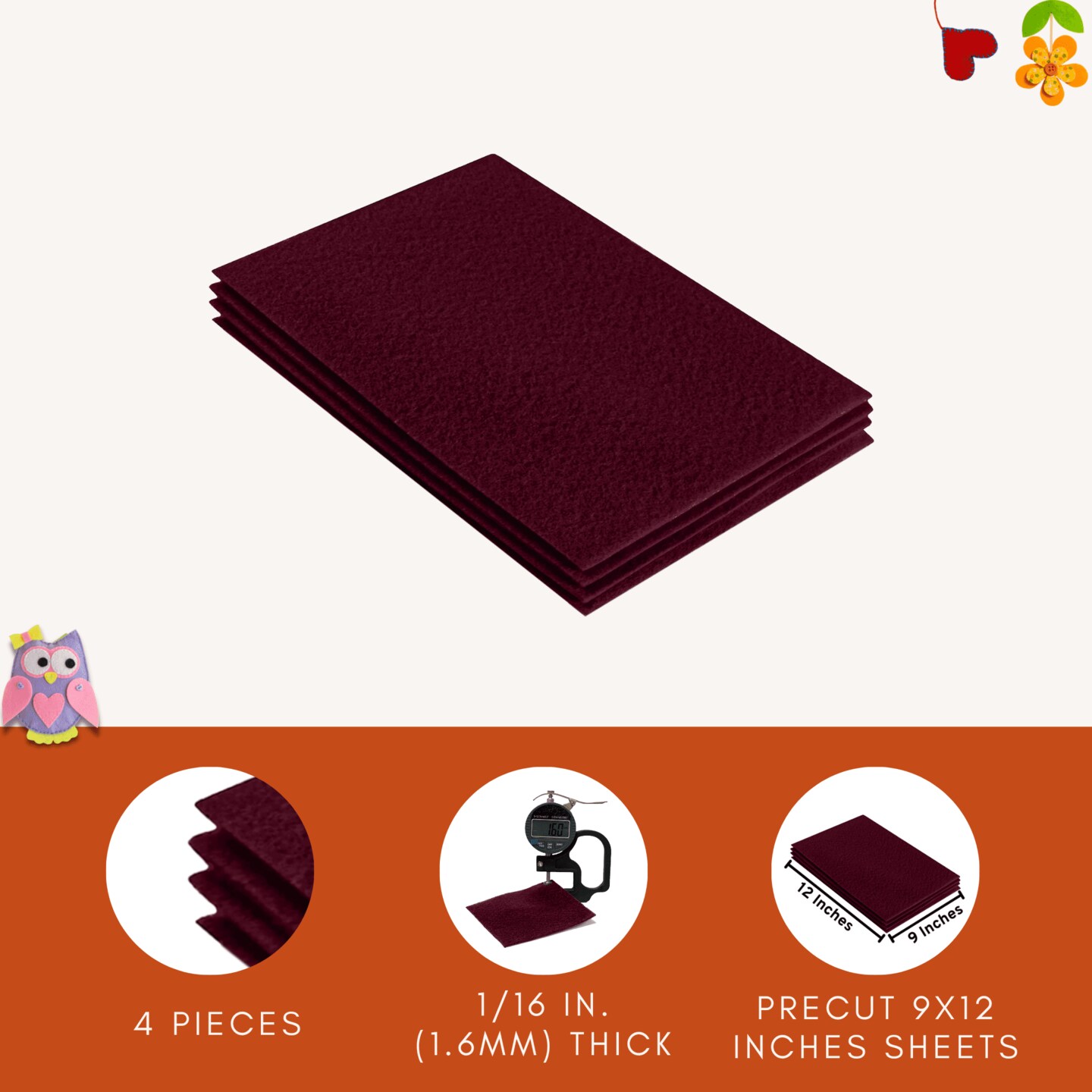 FabricLA Acrylic Felt Sheets for Crafts - Precut 9" X 12" Inches (20 cm X 30 cm) Felt Squares - Use Felt Fabric Craft Sheets for DIY, Hobby, Costume, and Decoration | Burgundy - 4 Pieces