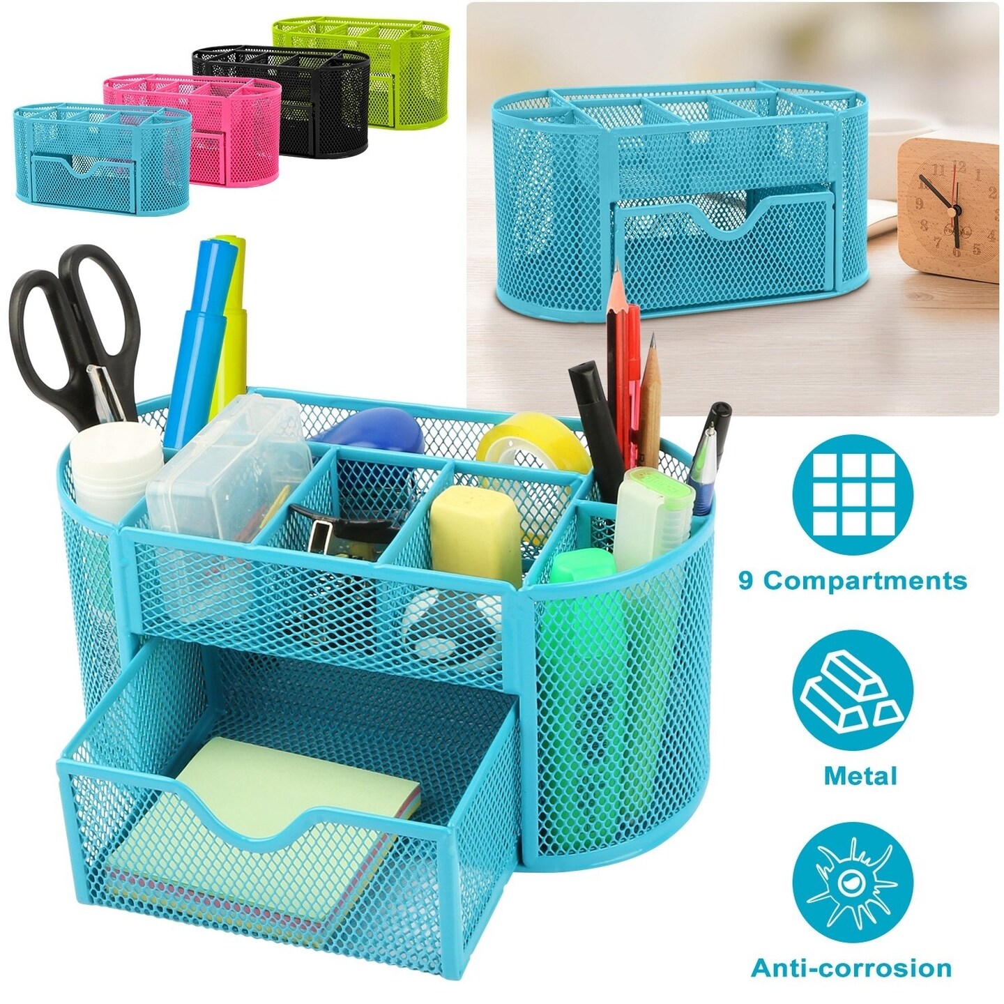 Metal Mesh Pencil Holder Desk Organizer 9 Compartments Hot Pink Portable Storage