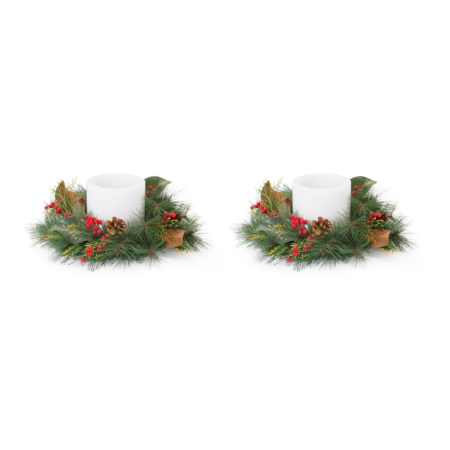 Melrose Set of 2 Mixed Pine with Magnolia Leaf Christmas Candle Rings 16&#x22;