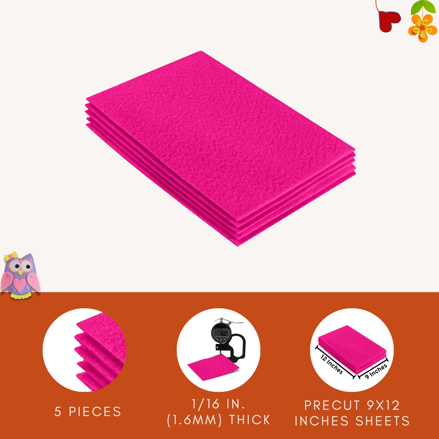FabricLA Acrylic Felt Sheets for Crafts - Precut 9&#x22; X 12&#x22; Inches (20 cm X 30 cm) Felt Squares - Use Felt Fabric Craft Sheets for DIY, Costume, and Decoration | Neon Pink - 5 Pieces