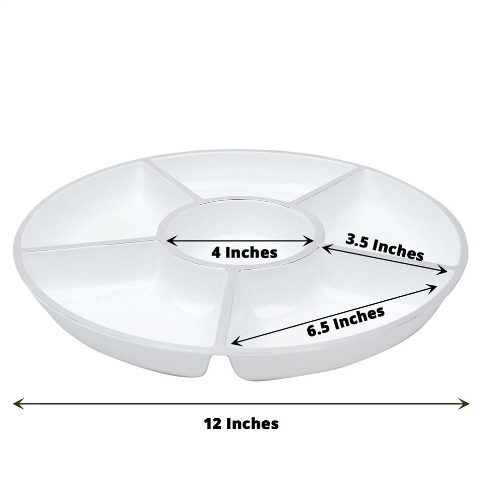4 White Silver Trim 12&#x22; Round SERVING TRAYS Food Compartments