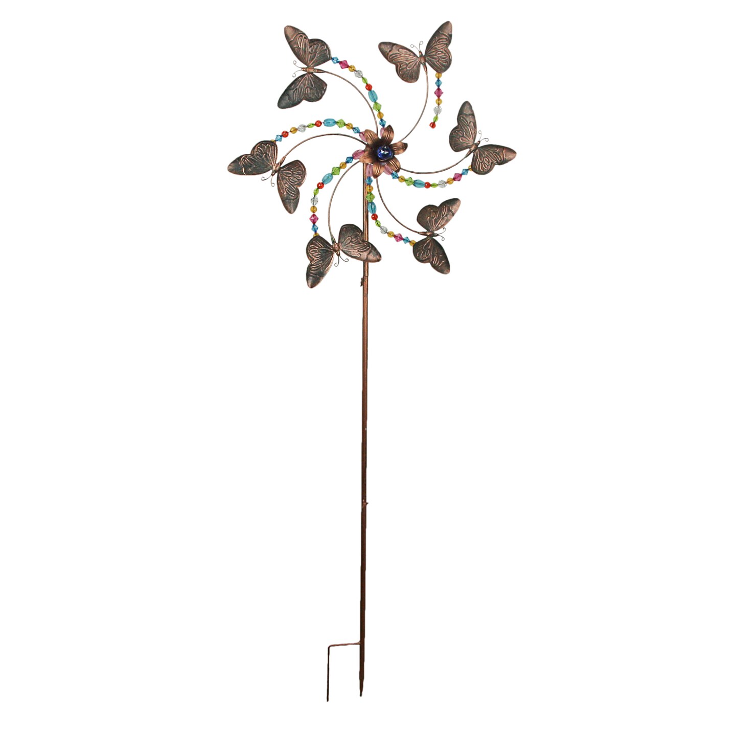 Copper Finish Beaded Butterfly Pinwheel Wind Spinner Garden Stake 25 Inch Diam.