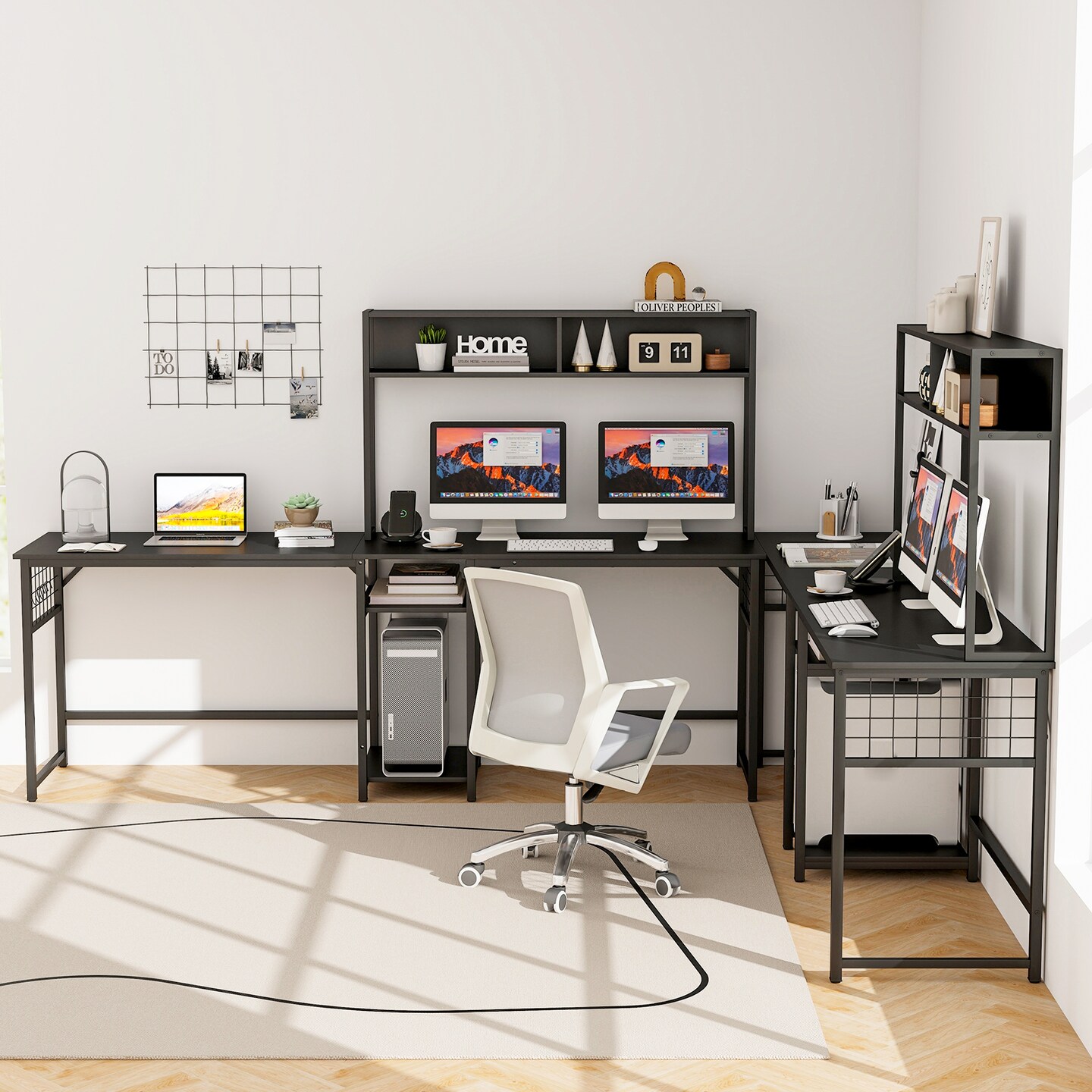 Modern L-Shaped Work Desk with Power Outlets and Storage Shelves Hutch and Open Shelves