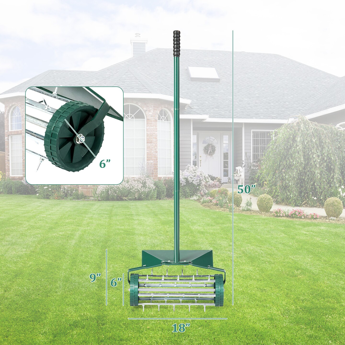 18 Inch Rolling Lawn Aerator with Splash-Proof Fender for Garden