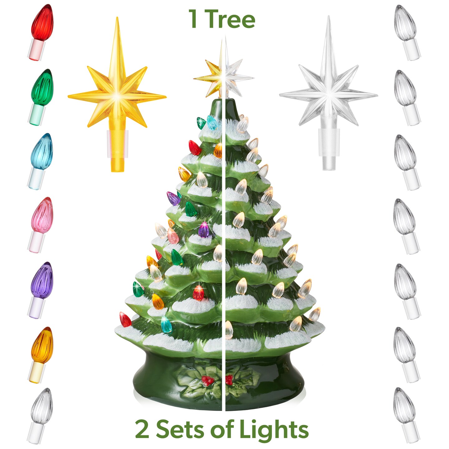 Casafield Hand Painted Ceramic Christmas Tree, Green Snow Flocked 15-Inch Pre-Lit Tree with 128 Multi-color Lights and 2 Star Toppers