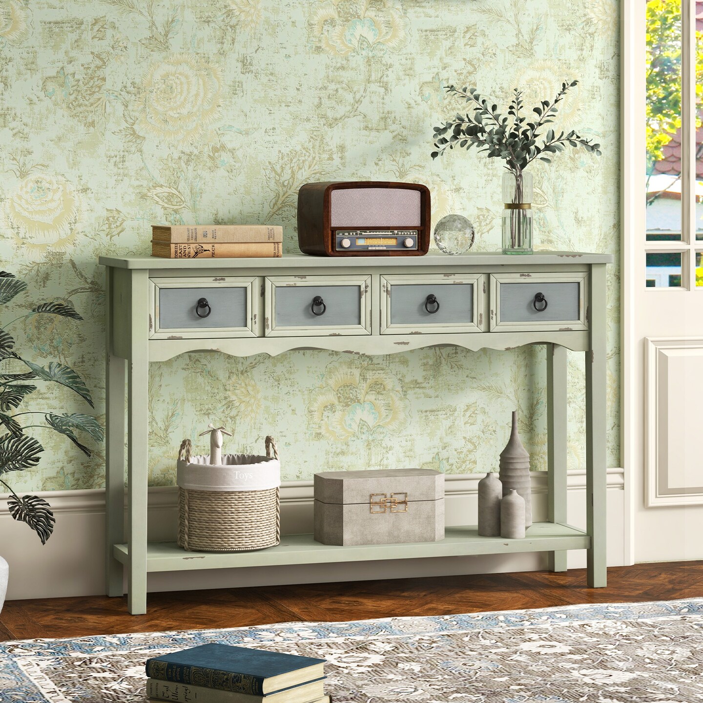 48 Inch Farmhouse Console Table With 2 Drawers And Open Storage Shelf For Hallway