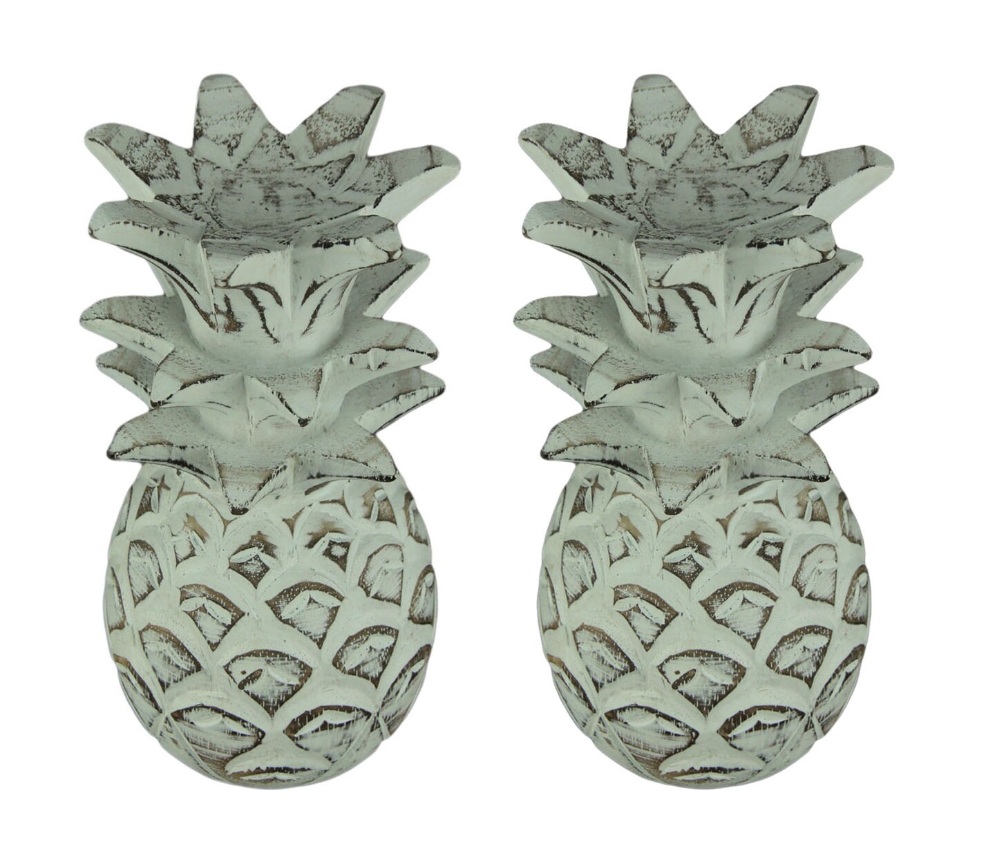 Weathered White Carved Wood Tropical Pineapple Decor Statues Set of 2