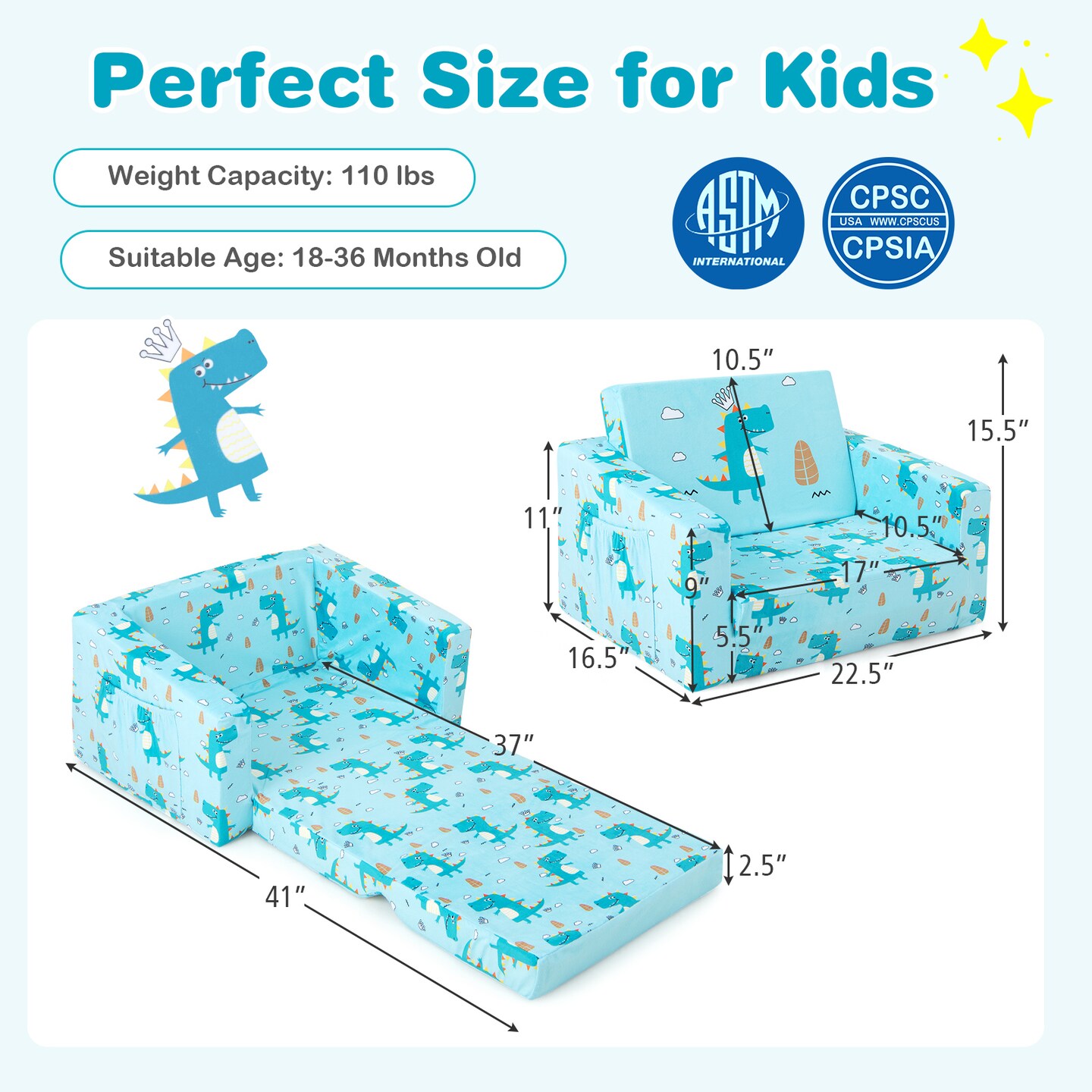 Kids Recliner Sofa Converts To Sleeper Bed For Boys Girls-Blue