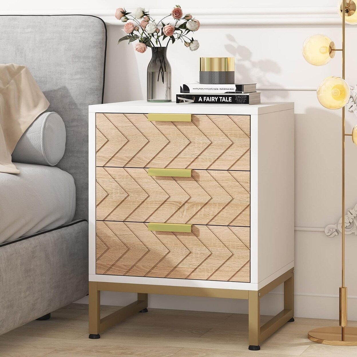 Tribesigns 3 Drawer Nightstand Modern Bedside Table White Gold Metal Frame