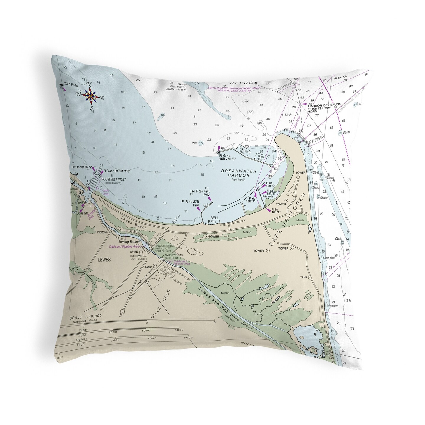 Betsy Drake Lewes, DE Nautical Map Noncorded Indoor/Outdoor Pillow ...