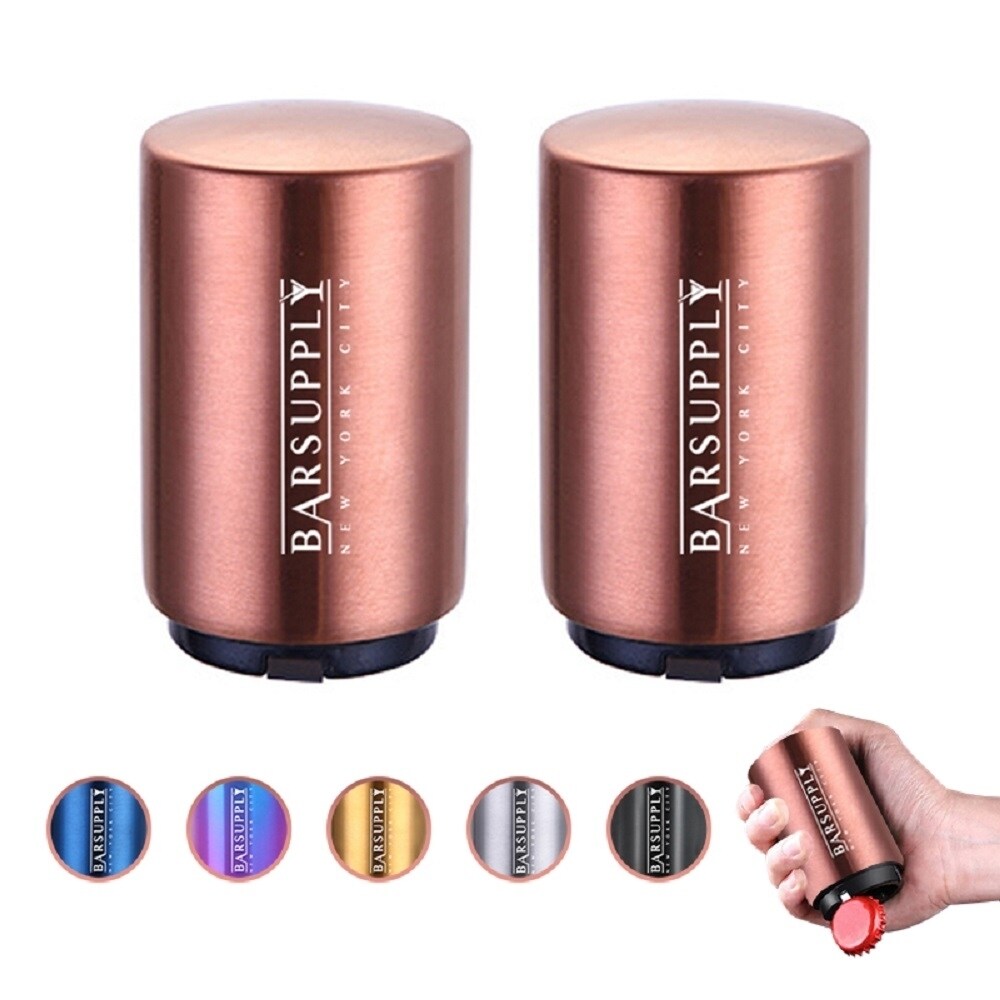 BARSUPPLY 2-Pack Beer Bottle Opener - Push Down and Pop Off Bottle Opener - Automatic Beer Top Popper - Magnetic Cap Catcher -