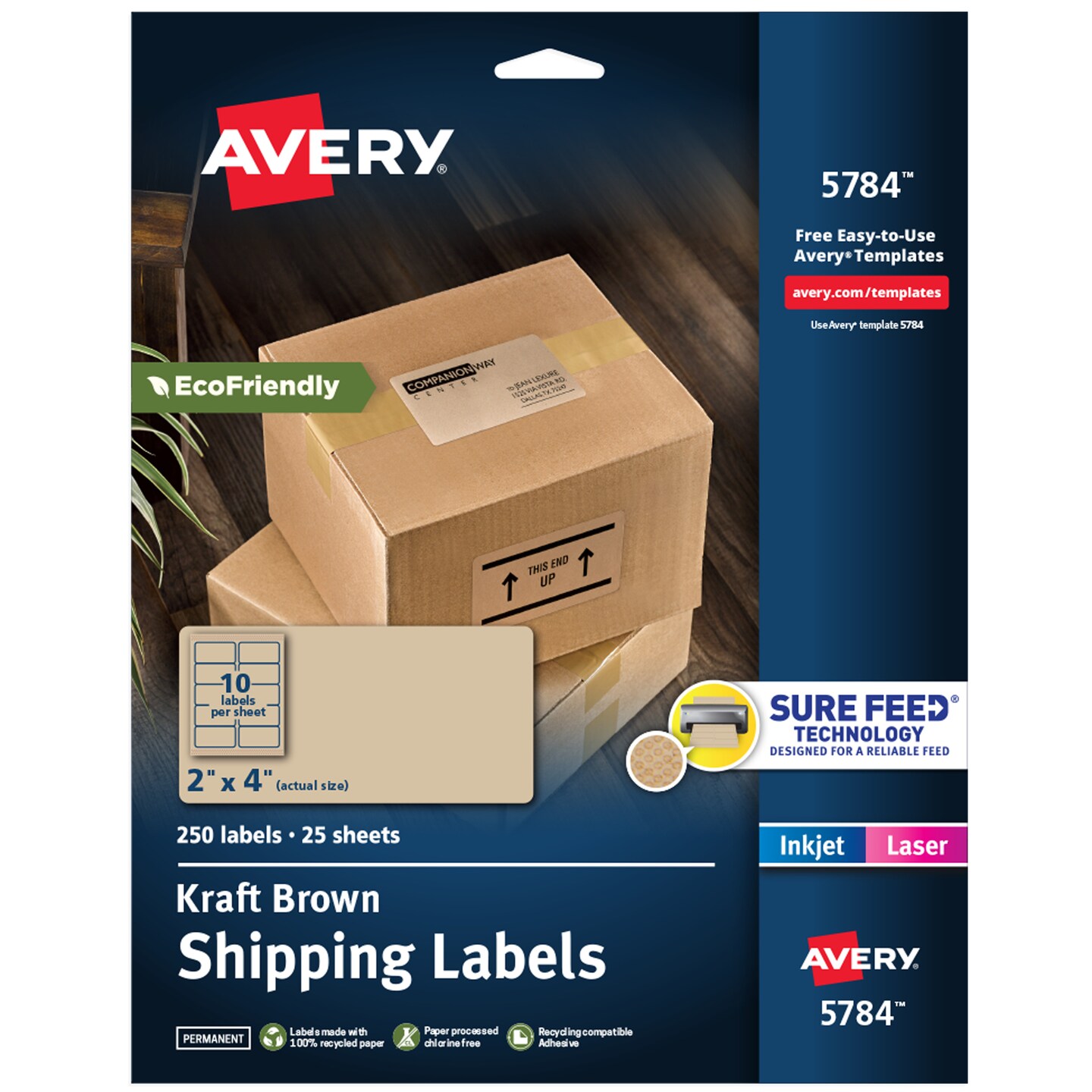 Avery Kraft Brown Rectangle Labels with Sure Feed Technology, 2&#x22; x 4&#x22;, Laser/Inkjet Printable Labels, 250 Total (5784)