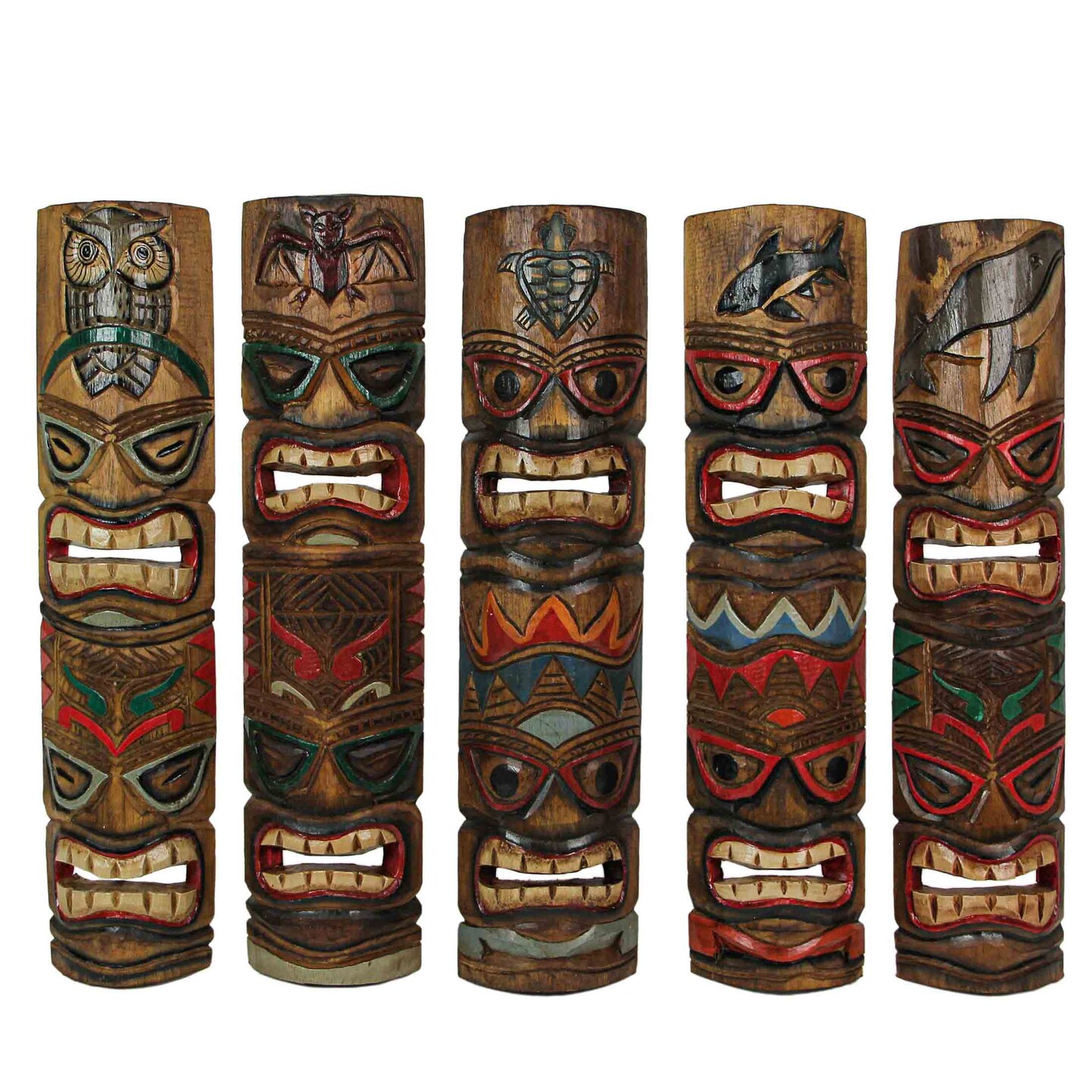 Set of 5 Double Tiki Mask Animal Totem Hand Carved Wall Decor Sculpture 24 Inch