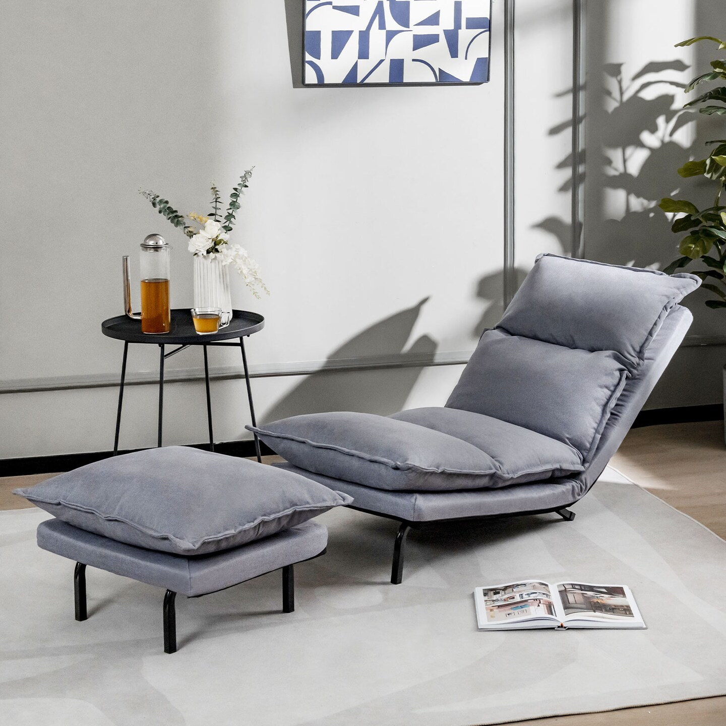 Modern Armless Accent Chair With Ottoman For Living Room-Grey