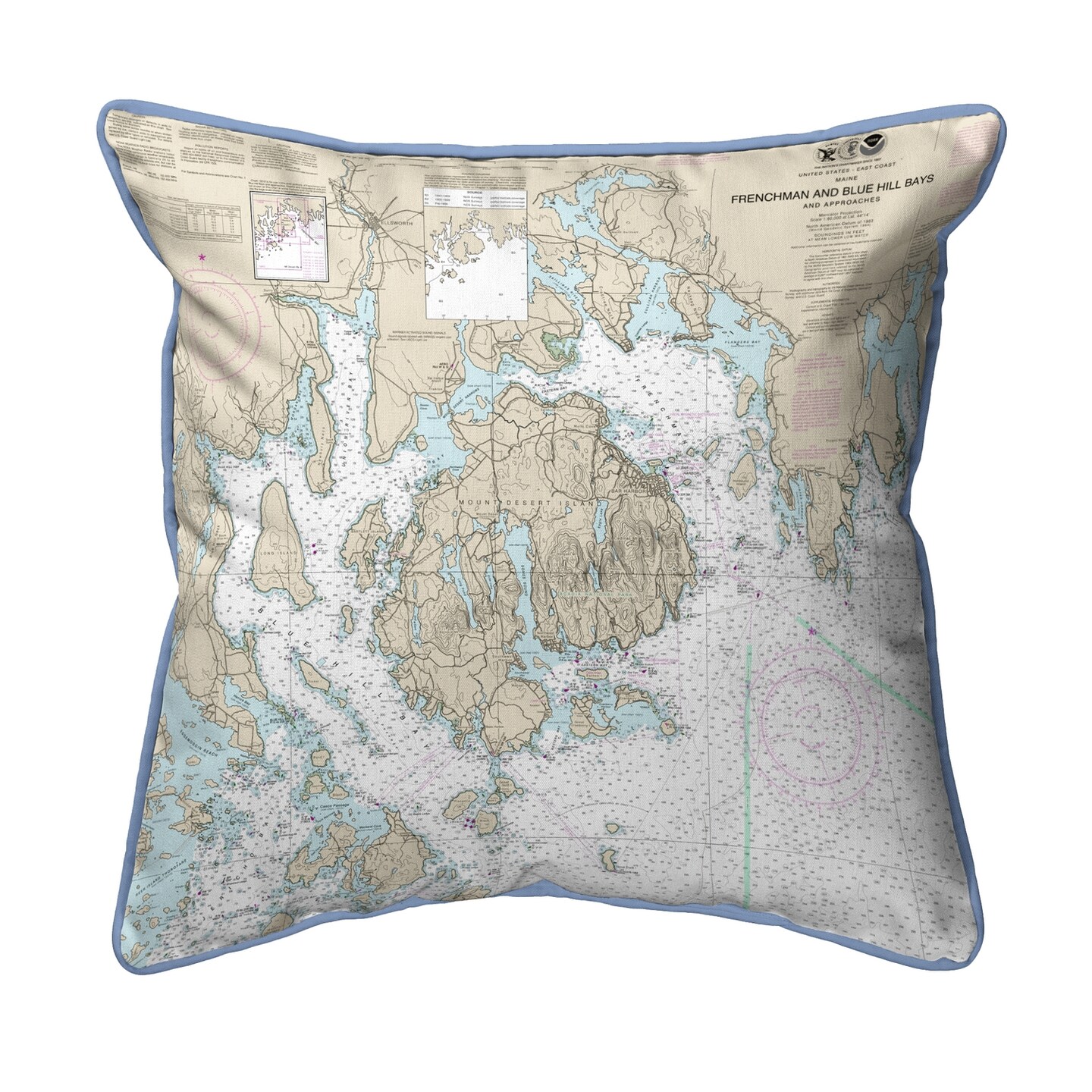 Frenchman Bays Map Pillow 22x22 &#x2013; Extra Large Indoor/Outdoor