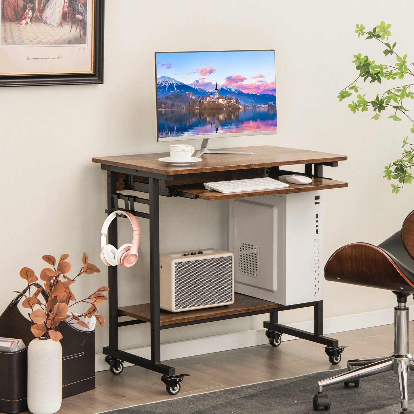 Home Office Computer Desk Cart With Pull-out Keyboard Tray