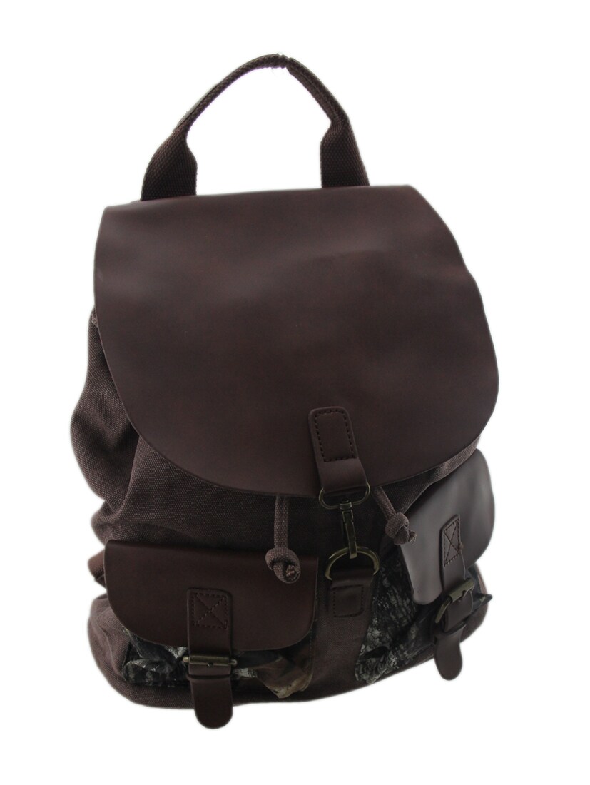 Brown Camouflage Accented Drawstring Canvas Backpack