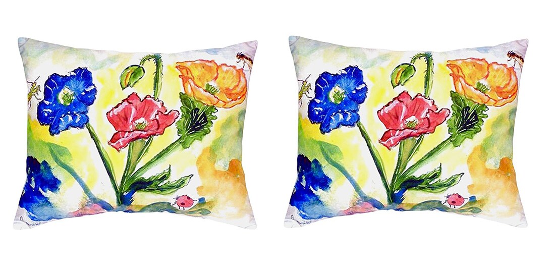 Pair of Betsy Drake Bugs & Poppies No Cord Pillows 16 Inch X 20 Inch