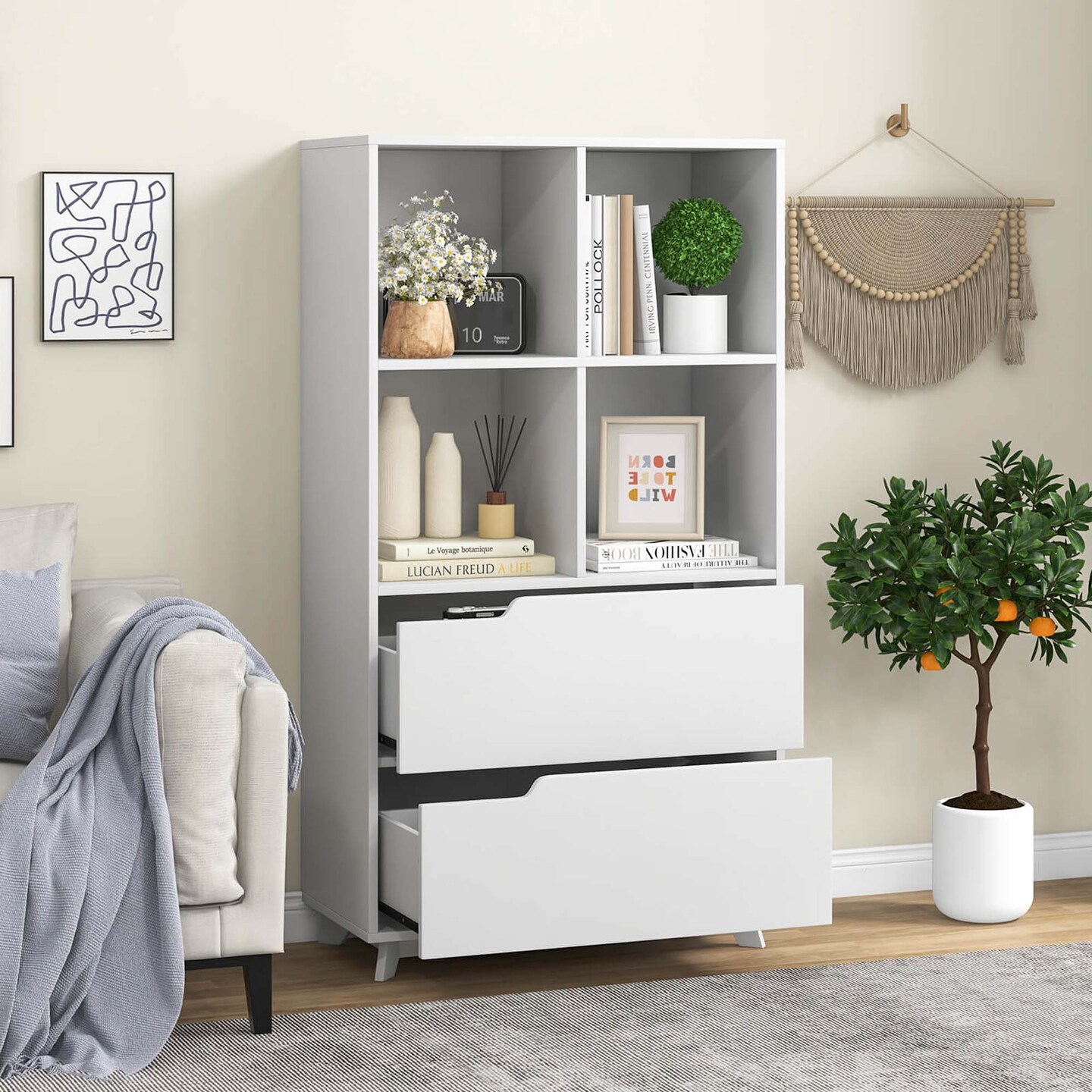 Costway Bookcase with 2 Drawers 4-Tier Open Bookshelf with 4 Storage Cubes for Home Office