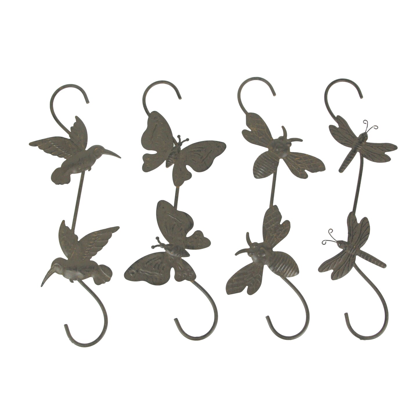 Set of 4 Rustic Metal Hook Plant Hangers Hummingbird, Bee, Butterfly, Dragonfly
