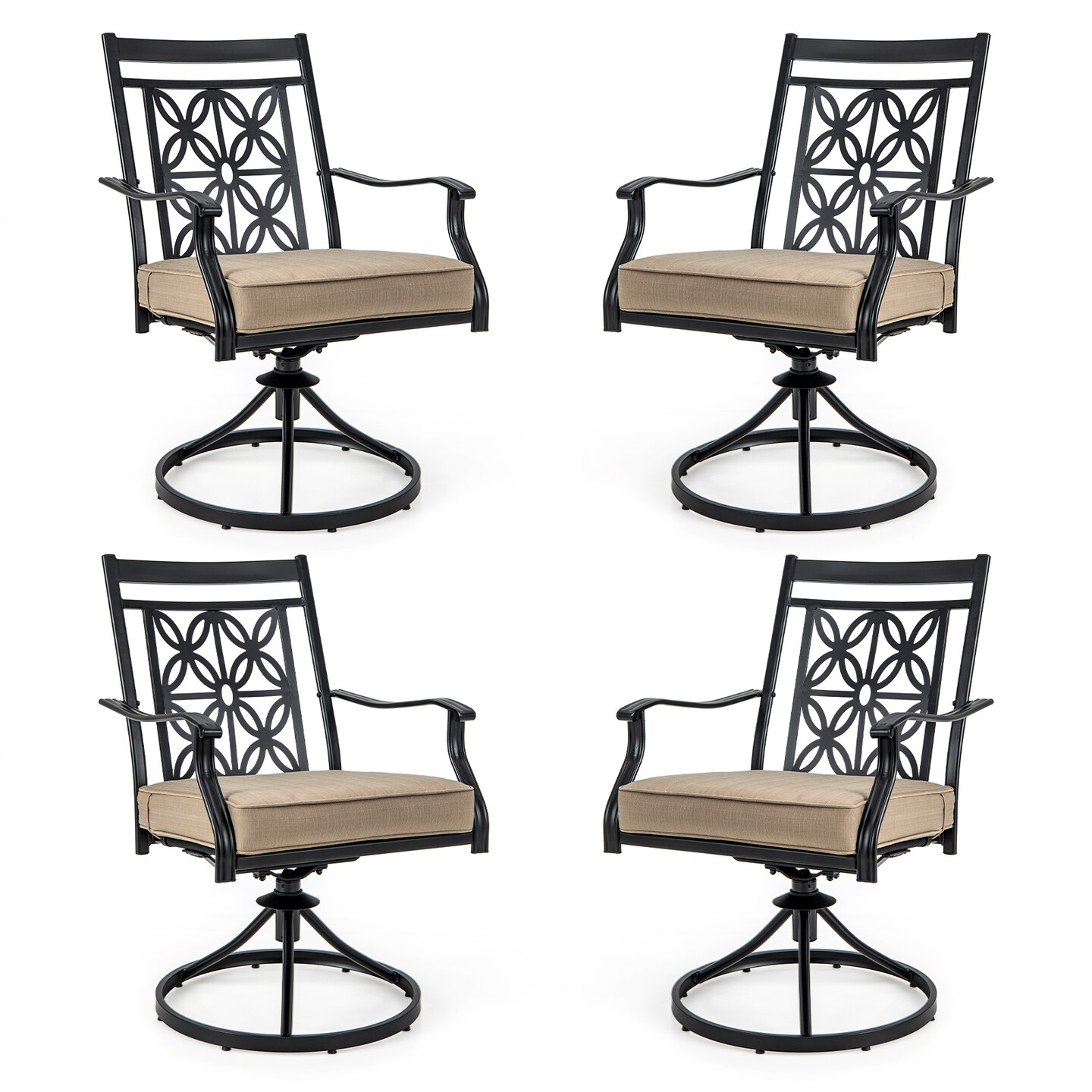 2 Pieces Patio Swivel Chairs With Blossom Pattern Backrest And Cushions-Black