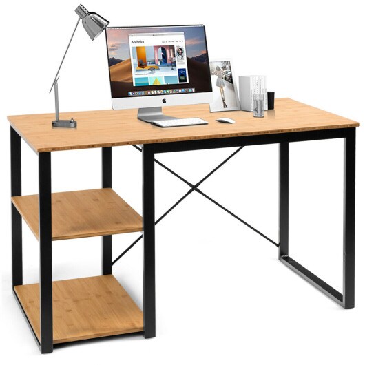 Computer Desk with Wicker Top &#x26; 2 Storage Shelves-Natural Desk