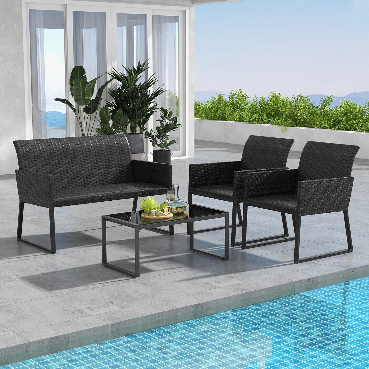 4 Pieces Outdoor Wicker Patio Furniture Set With Quick-drying Foam For Backyard