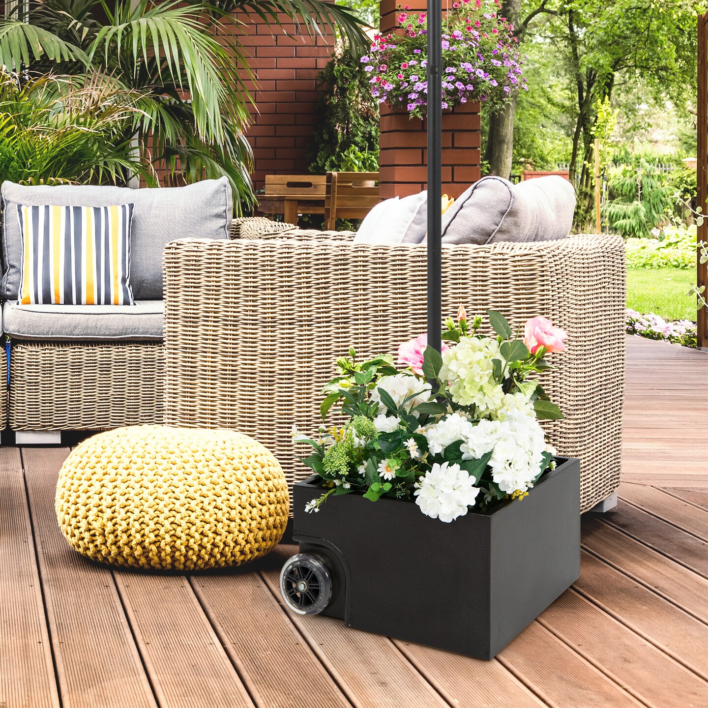 Black Patio Umbrella Base Stand with Wheels Planter Fill able Design