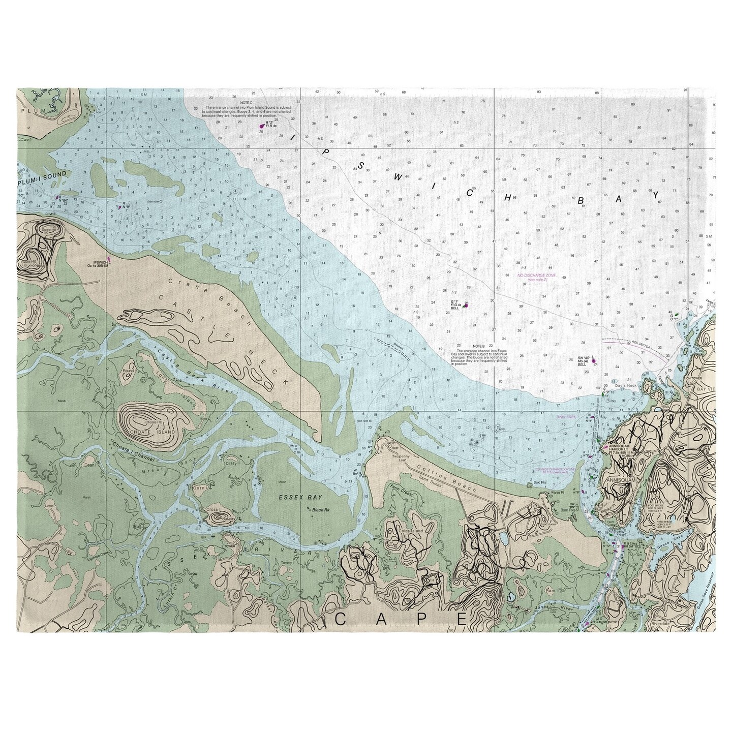 Betsy Drake Essex Bay and Essex River, MA Nautical Map Place Mat Set of 4