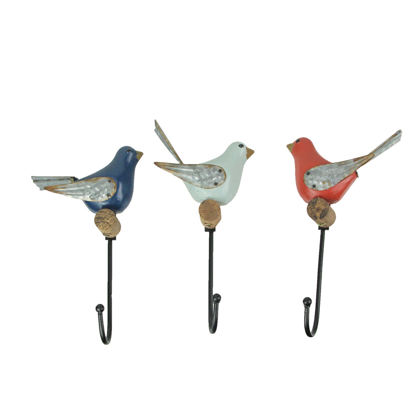 Red Blue White Wood Metal Bird Wall Hook Coat Hanger Towel Key Holder Set of 3