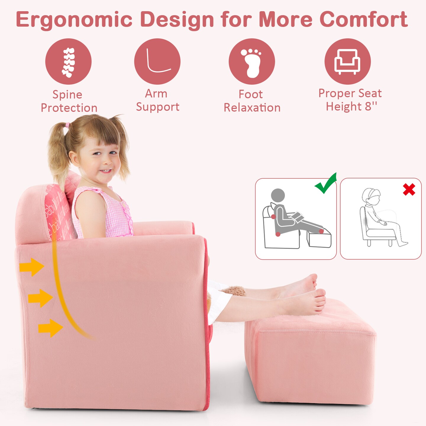 Ultra Soft Velvet Kids Sofa Chair Toddler Couch With Ottoman-Pink