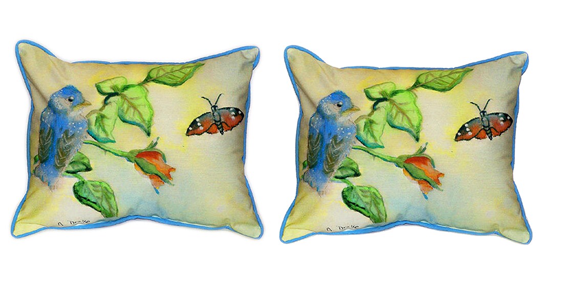 Pair of Betsy Drake Blue Bird Large Pillows 15 Inch x 22 Inch