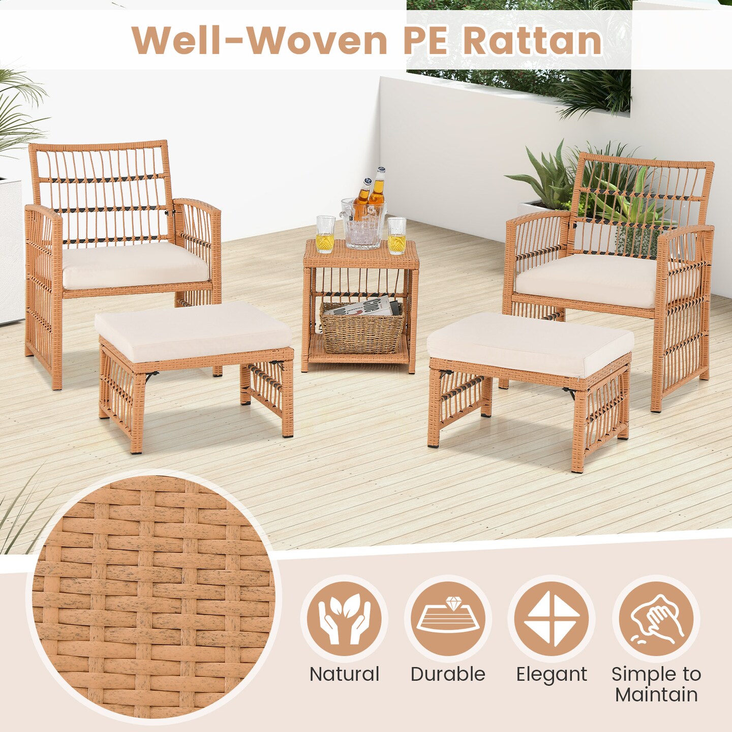 5 Piece Patio Wicker Sofa Set With Seat And Back Cushions-Natural