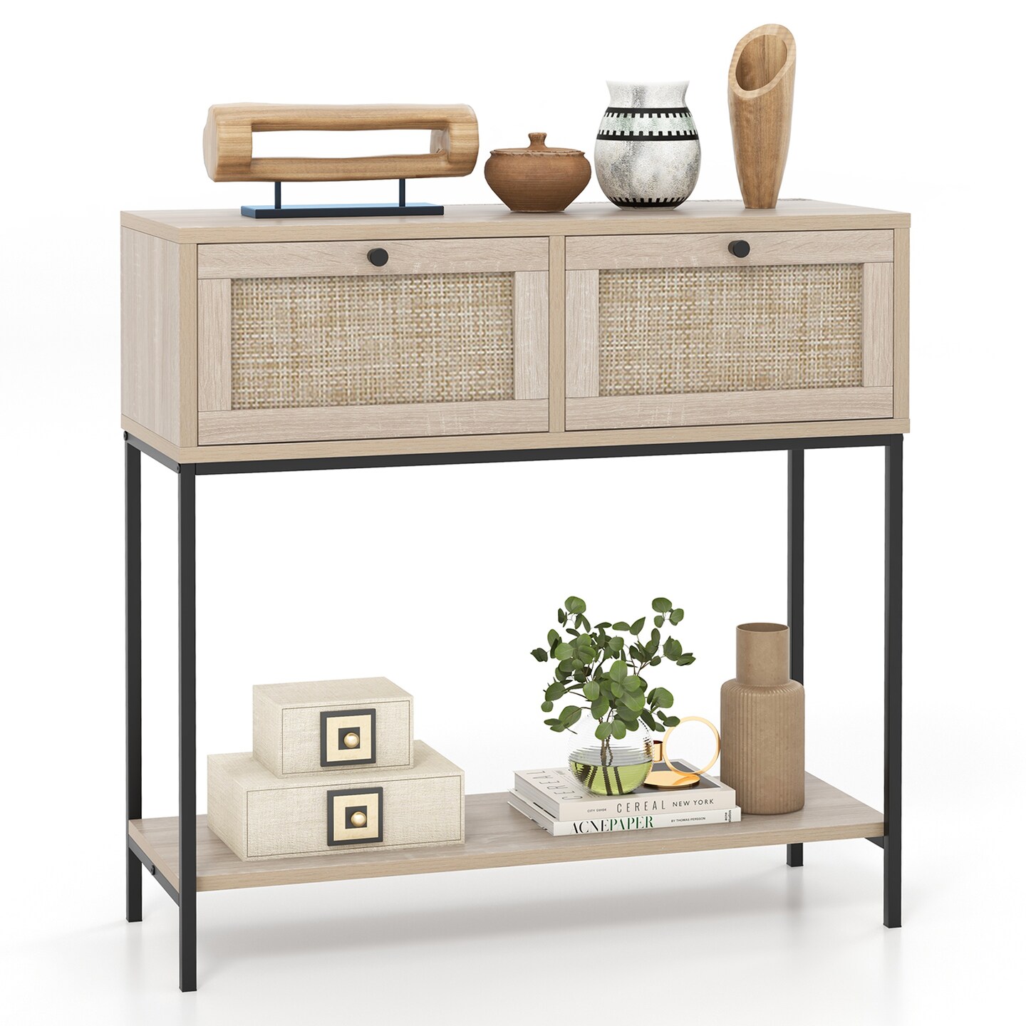 Rattan Console Table Boho Entryway Table With 2 Rattan Drawers And Open Storage Shelf-Oak