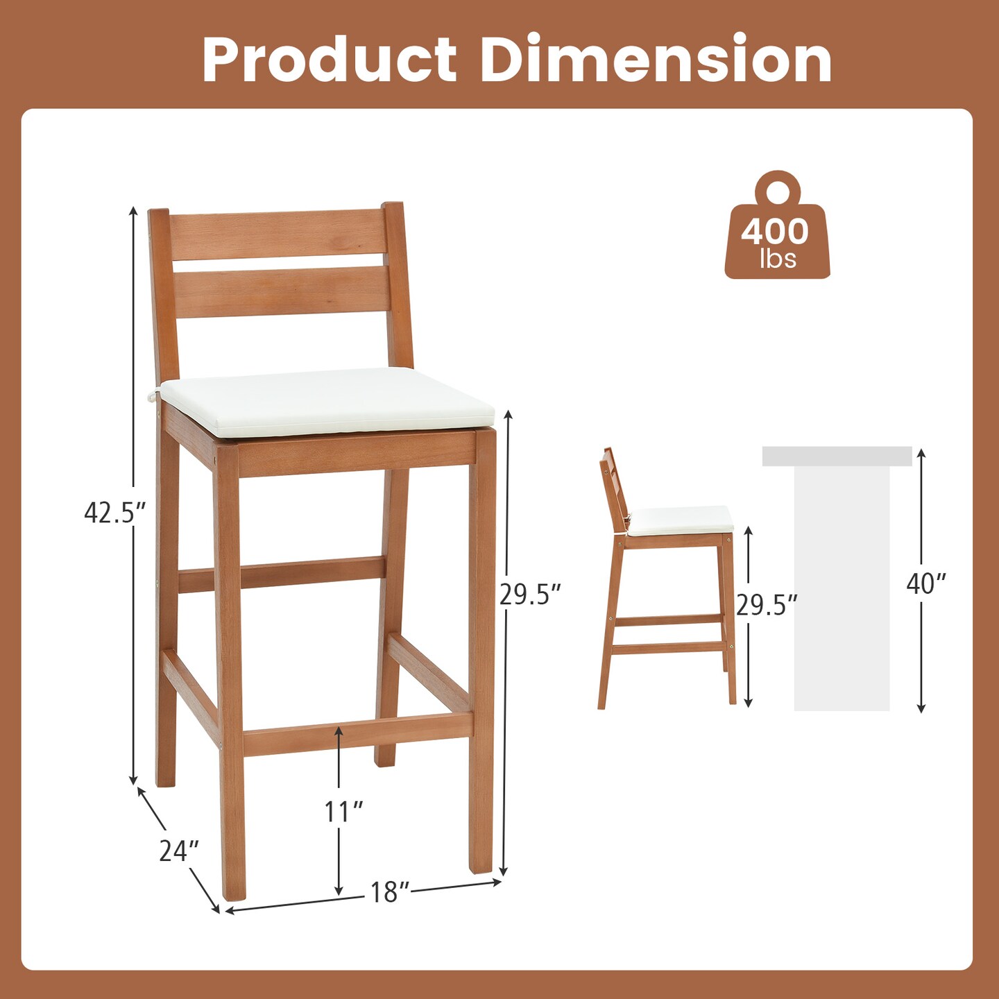 Off White Cushion Bar Stool Eucalyptus Wood Natural Frame Ergonomic Design