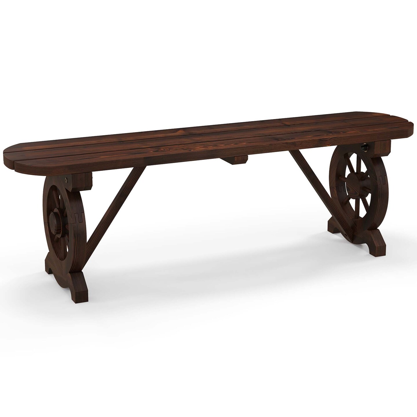 Costway Patio Rustic Wood Bench with Wagon Wheel Base Slatted Seat Design 710 LBS Max Load