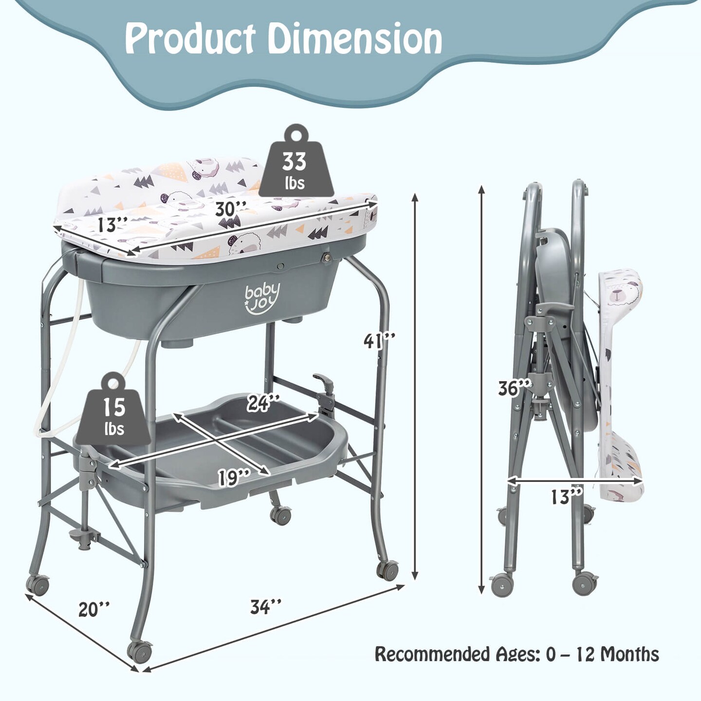 Folding Baby Changing Table with Bathtub and 4 Universal Wheels