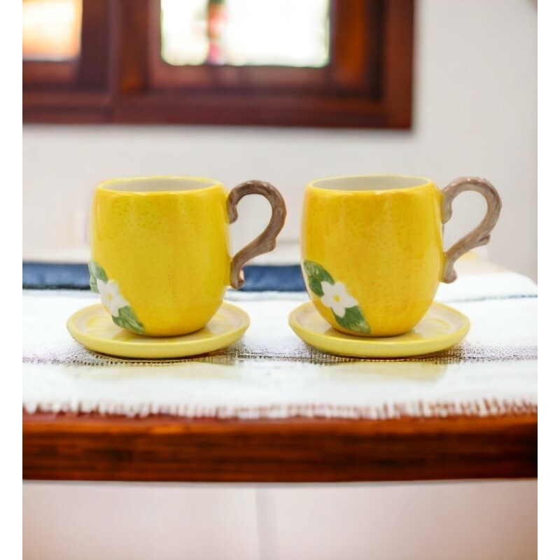 kevinsgiftshoppe Ceramic Lemon Cup And Saucer Set-2 Sets    Tea Party Decor Cafe Decor