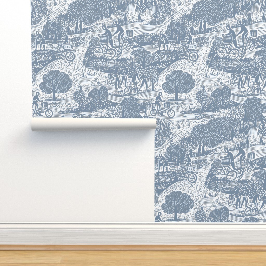 Folk Bicycle Toile Blue Monochrome Block Print Trees Lines Cycling Scandi Custom Pre-pasted Wallpaper by Spoonflower Pre-Pasted Wallpaper 2FT Wide