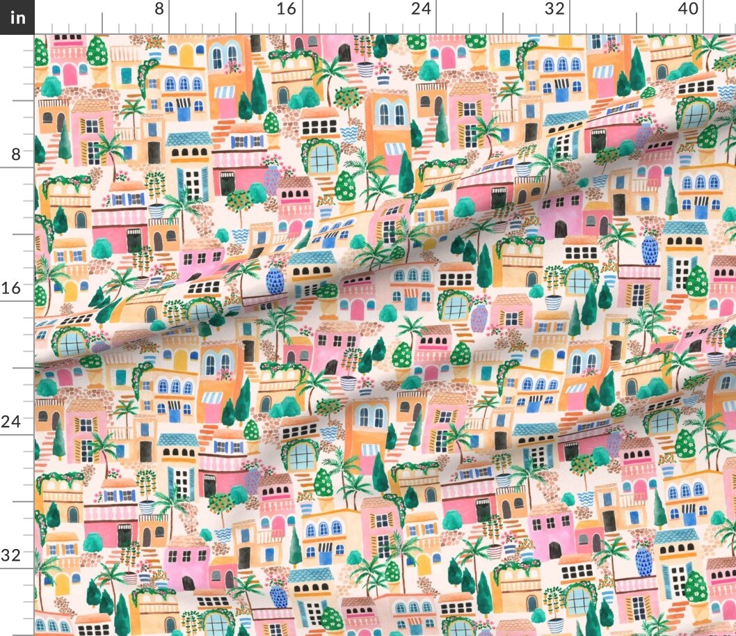 Various Fabrics by the Yard or Fat Quarter Pink Lake Seaside Palm Trees Houses Garden Tropical Italian Hand Painted Villa Adventure Plants Medium Scale Custom Printed Fabric by Spoonflower