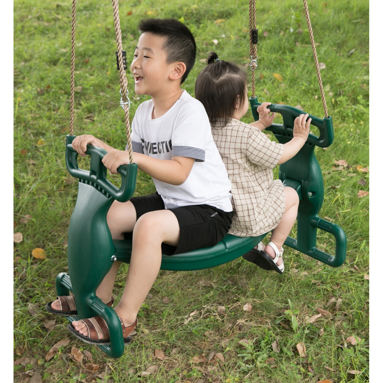 Plastic Double Glider Swing For Kids Green Safe Adjustable Ropes 2 Person