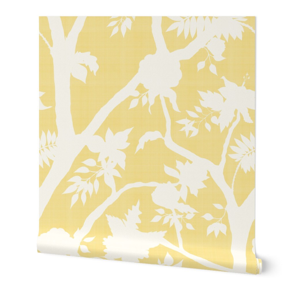 Peel &#x26; Stick Wallpaper 2FT Wide Chinoiserie Butter Yellow Cream Floral Flower Silhouette Timeless Grandmillenial Custom Removable Wallpaper by Spoonflower