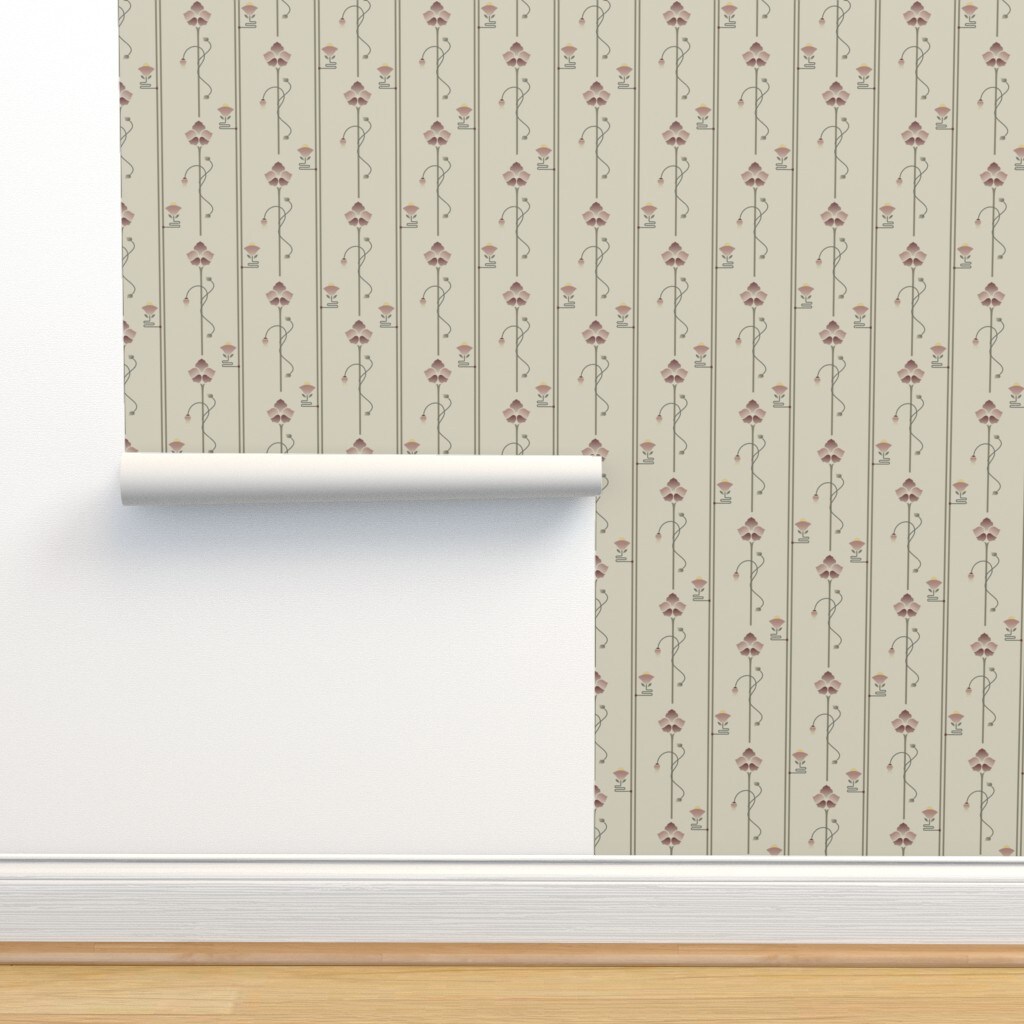 Beige Floral Stripe Art Deco Craftsman Nouveau Modern Botanical Small Scale Custom Removable Wallpaper by Spoonflower Peel & Stick Wallpaper 2FT Wide