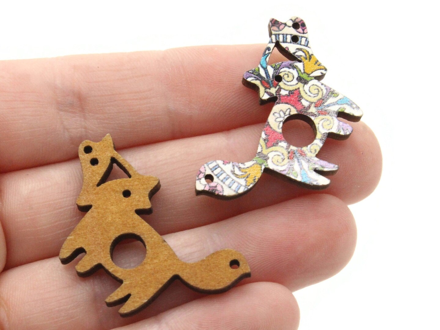 2 35mm Colorfully Patterned Wooden Fox Beads