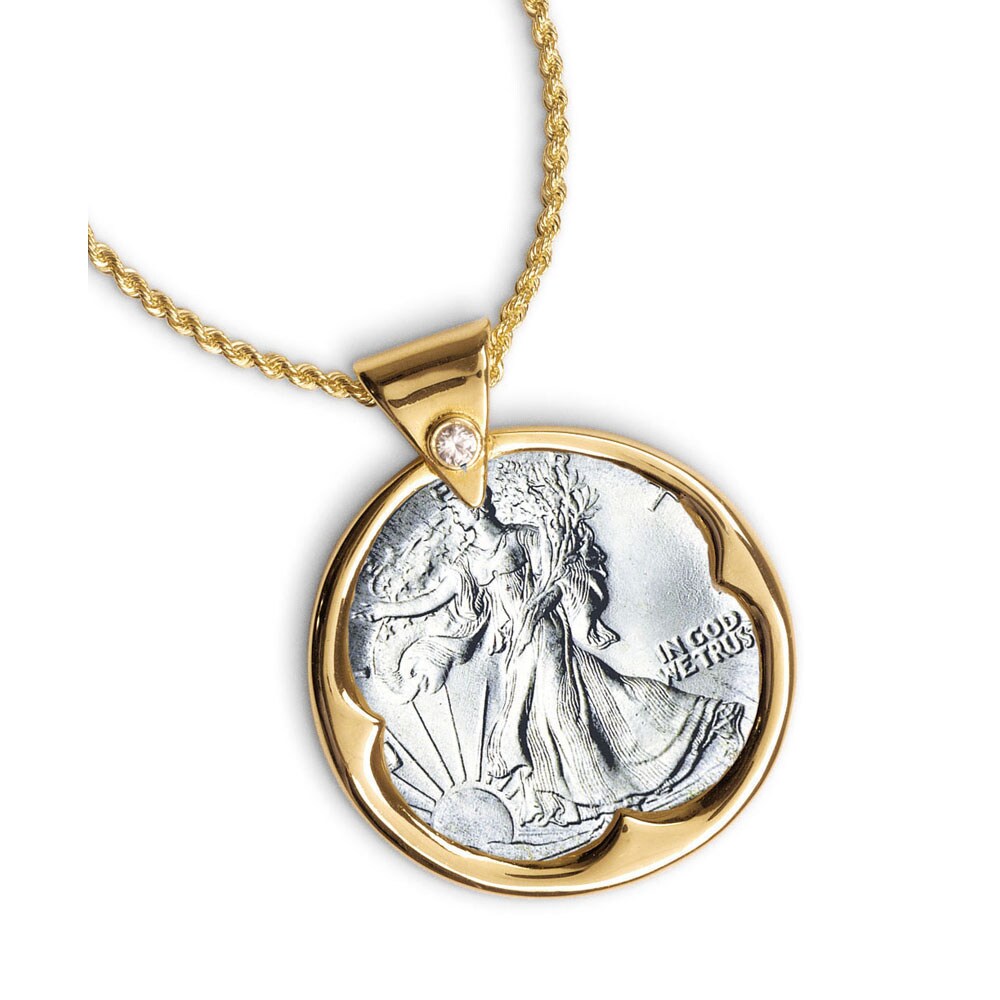 American Coin Treasures Silver Walking Liberty Half Dollar Goldtone Coin  Pendant with Crystal Bail 24