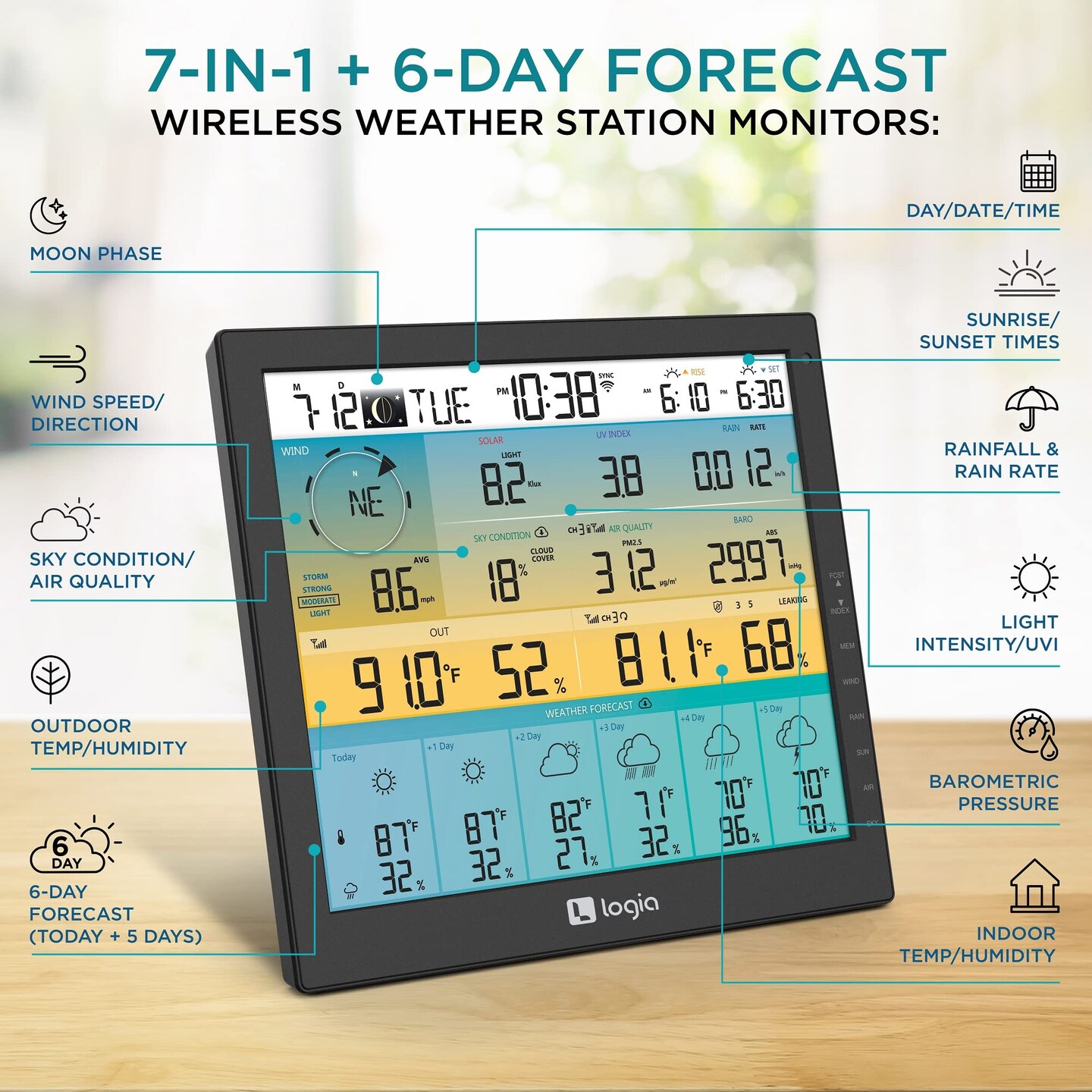 Logia 7-in-1 Wireless Weather Station 10&#x22; with 6-Day Forecast