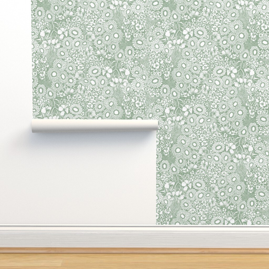Sage Green Floral Monochrome Botanical Peaceful Nature Large Scale Custom Pre-pasted Wallpaper by Spoonflower Pre-Pasted Wallpaper 2FT Wide