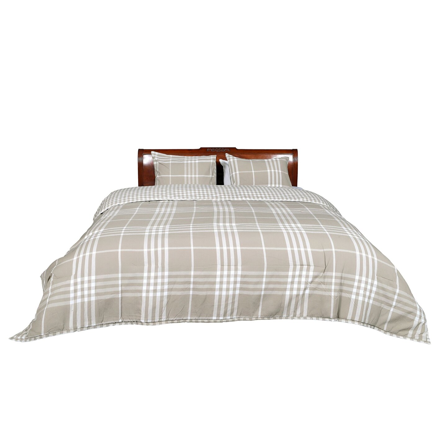 Contemporary Home Living 104&#x22; Beige and Cream Plaid Reversible Comforter Bedding Set - King Size